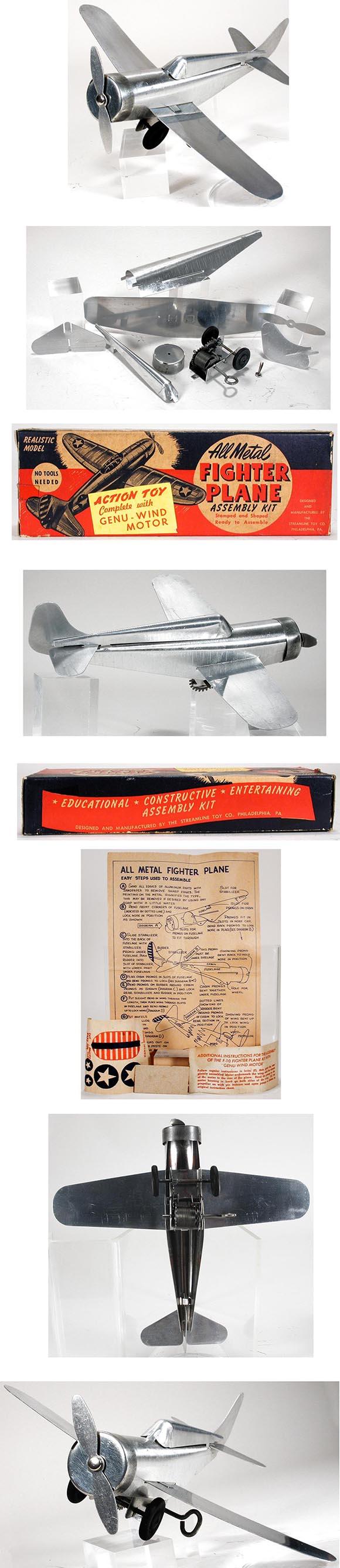 c.1946 Streamline Toy Co., Mechanical Aluminum Fighter Plane in Original Box